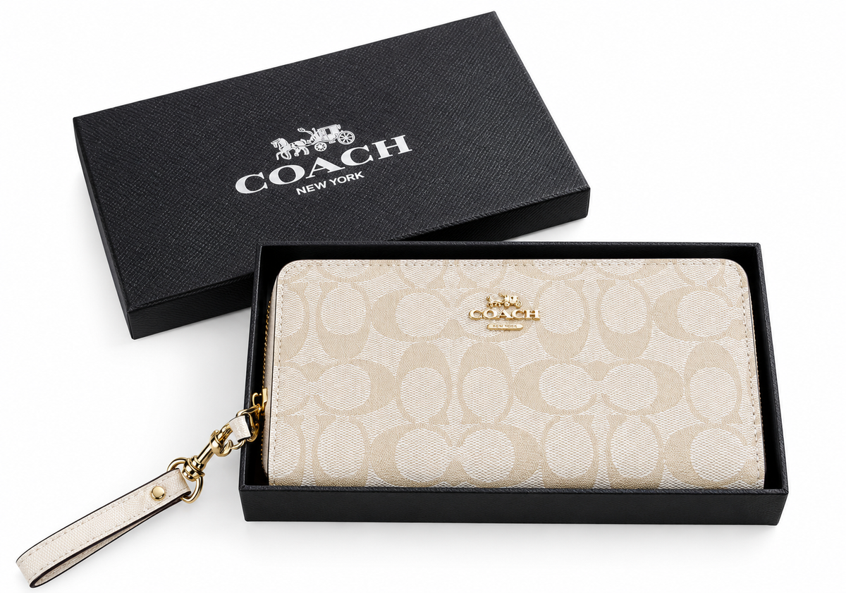Coach Signature Canvas Long Zip Wallet – Dark Brown