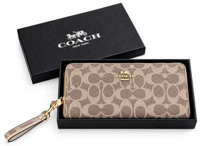 Coach Signature Canvas Long Zip Wallet – Dark Brown