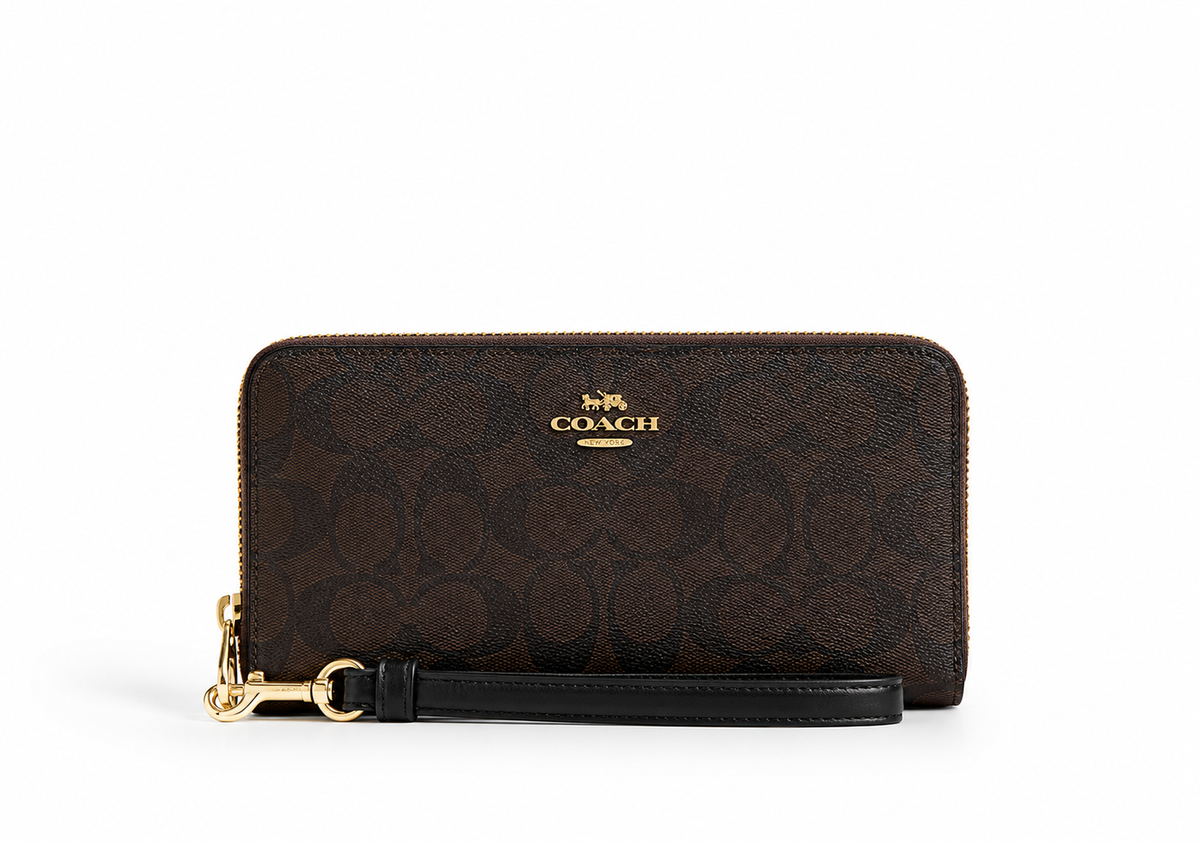 Coach Signature Canvas Long Zip Wallet – Dark Brown
